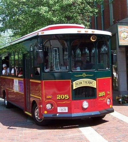 Hawthorne the Salem Trolley driving down Essex Street in Salem, MA
