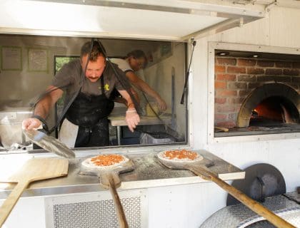 Making Pizza in a Brick-Oven Pizza Truck in Hamilton MA