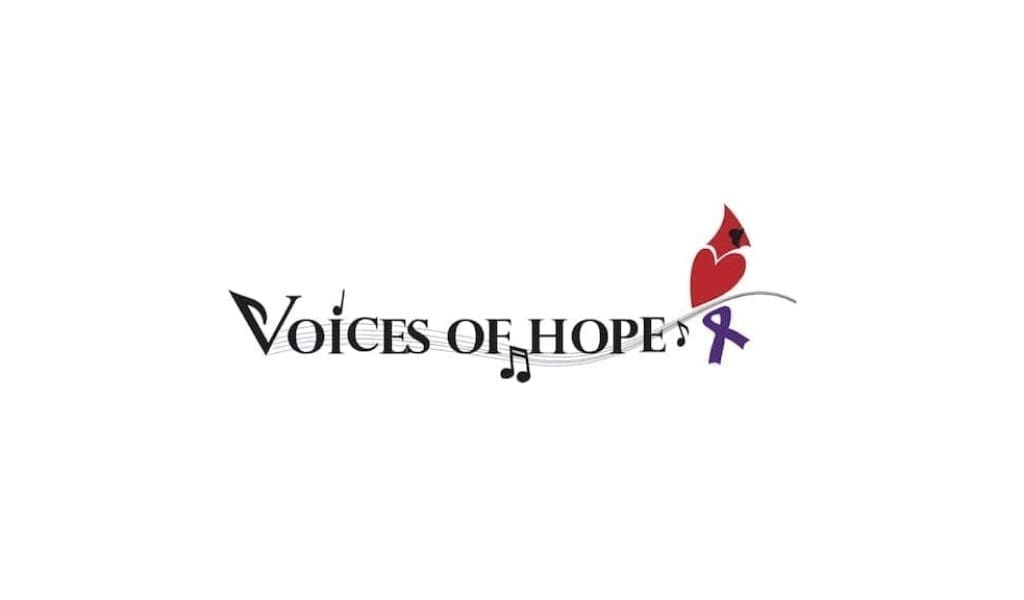 Image of Voices of Hope Logo including red cardinal and music notes